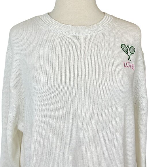BRIT.NY White Cotton LS Sweater Embroidered Pickleball/Tennis & Scrunchie L NWT - Picture 2 of 11